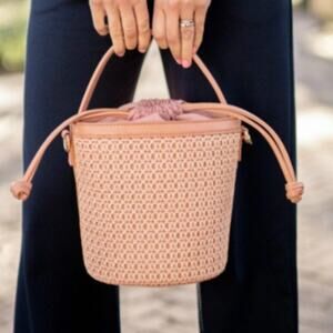 Sole Society Pink Boho Woven Drawstring Bucket Bag Purse Shoulder Strap